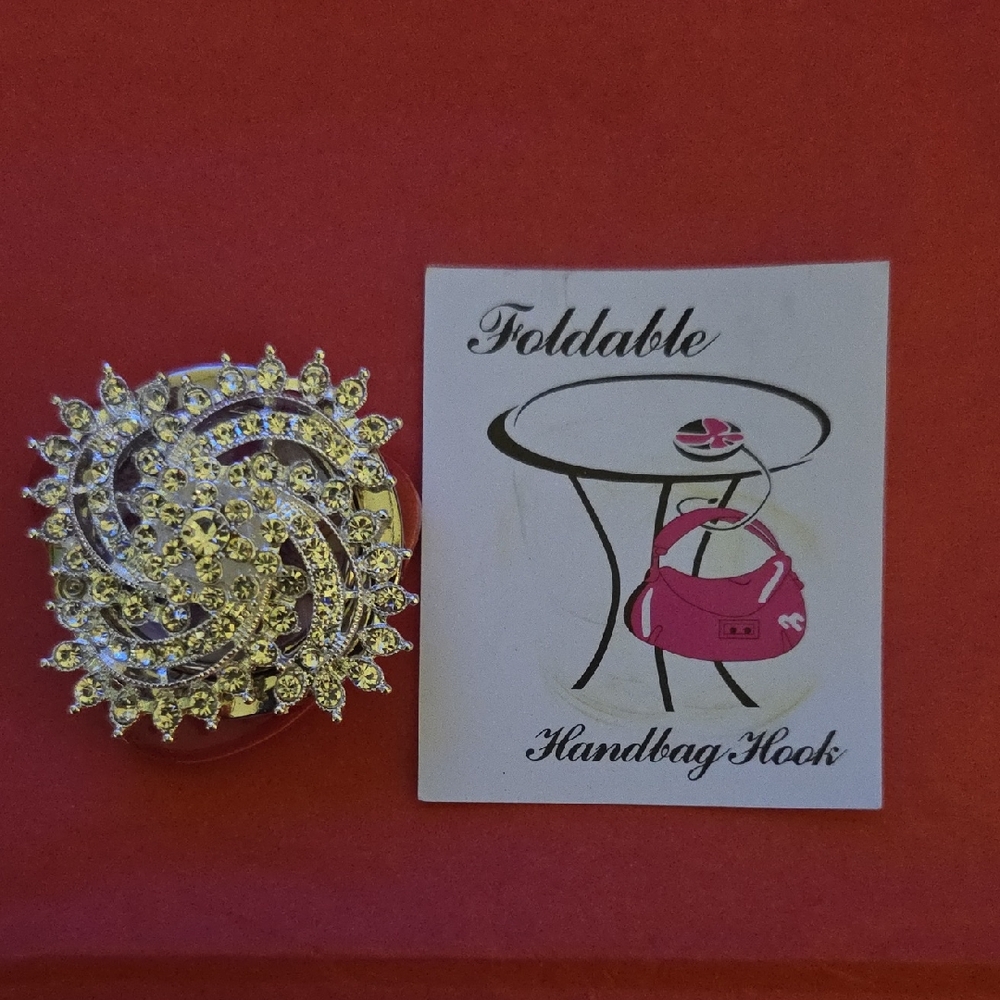 Foldable Handbag Hook with Gold Crystal Swirl Accent